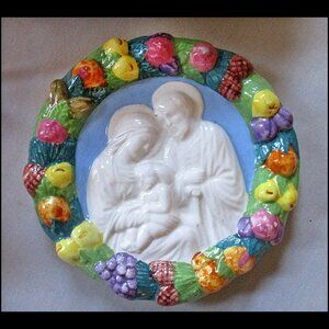 Vintage Della Robbia Italian Pottery Madonna Jesus Angel Majolica Plaque Italy